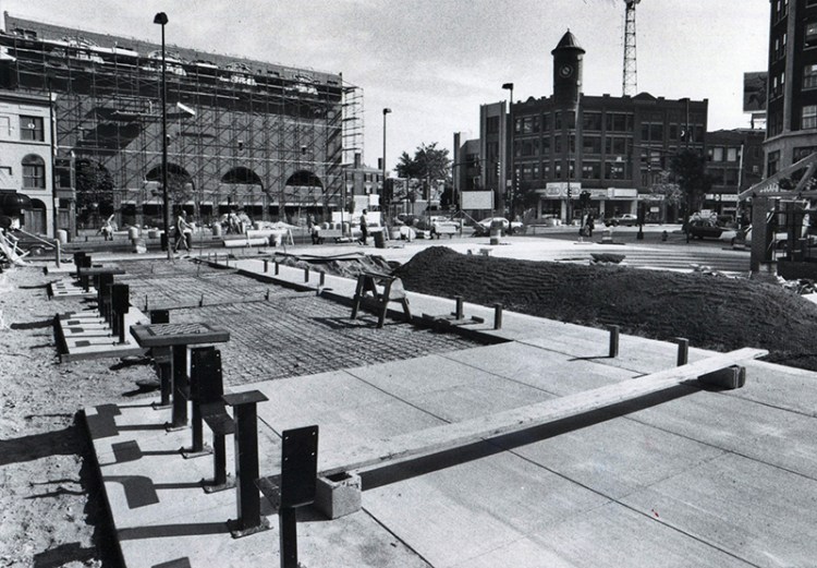 In this Aug. 17, 1982, file photo from the Evening Express, construction is underway on Congress Square Park and across the street on the Portland Museum of Art's Payson Building, which opened the following year.