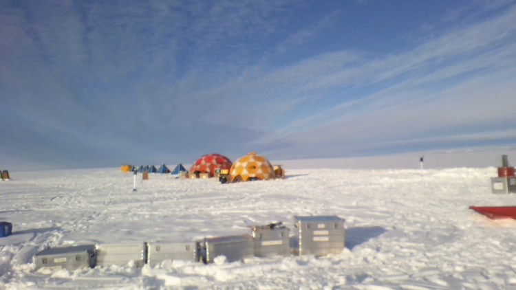 This photo provided by environmental scientist David Holland shows tents set up on the Dotson Ice Shelf in Antarctica on Monday. A large iceberg broke off the deteriorating Thwaites glacier and along with sea ice it is blocking two research ships with dozens of scientists from examining how fast its crucial ice shelf is falling apart. The smaller Dotson ice shelf is about 87 miles west of the Thwaites ice shelf. 