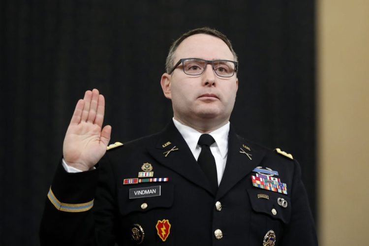 National Security Council aide Lt. Col. Alexander Vindman is sworn in to testify before the House Intelligence Committee on Capitol Hill in Washington on Nov. 19, 2019. 