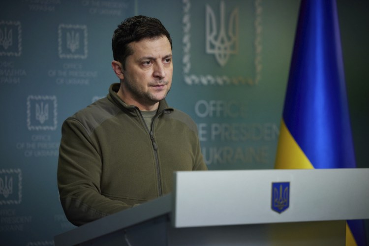 In this photo provided by the Ukrainian Presidential Press Office, Ukrainian President Volodymyr Zelenskyy delivers his speech addressing the nation in Kyiv, Ukraine on Friday.