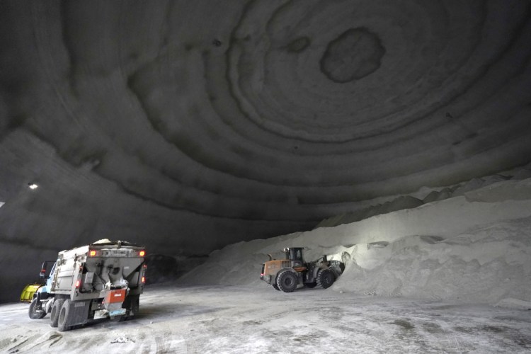 A Chicago Department of Streets and Sanitation salt truck waits for a load in a city salt dome on Tuesday.

