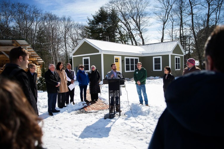 House Speaker Ryan Fecteau touts new affordable housing legislation Wednesday during a tour of an accessory dwelling in Brunswick.