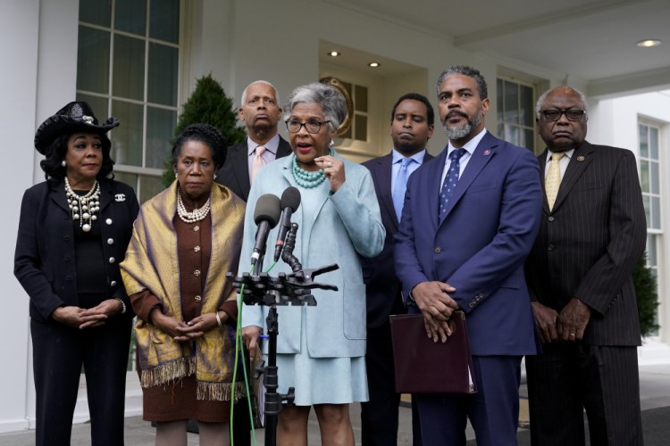Rep. Joyce Beatty, D-Ohio, chair of the Congressional Black Caucus, speaks with the press after meeting with President Biden at the White House on March 7. Standing with Beatty are Rep. Frederica Wilson, D-Fla., from left, Rep. Sheila Jackson Lee, D-Texas, Rep. Hank Johnson, D-Ga., Rep. Joe Neguse, D-Colo., Rep. Steven Horsford, D-Nev., and House Majority Whip Jim Clyburn, D-S.C. 