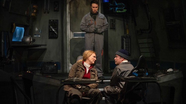 Actors Marcy McGuigan, Kennedy Kanagawa and Tom Ford in dress
rehearsal on the set of Last Ship to Proxima Centauri.