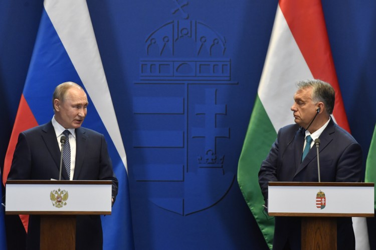 Hungarian Prime Minister Viktor Orban, right, and Russian President Vladimir Putin at a joint news conference  in 2019. Orban has sought to assert Hungary’s neutrality in the war in Ukraine.