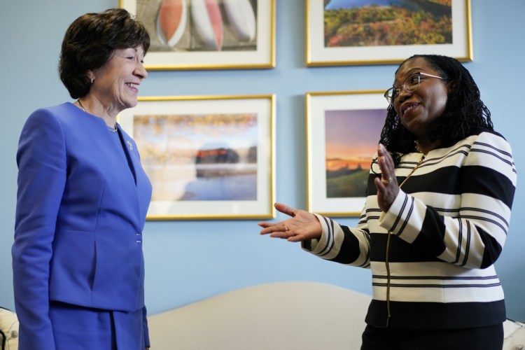 Supreme Court nominee Ketanji Brown Jackson meets with Sen. Susan Collins, R-Maine, on Capitol Hill on Tuesday.