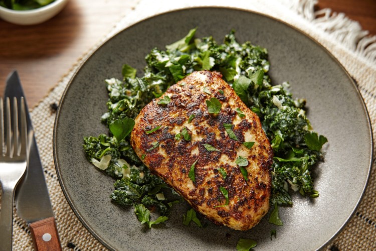Porcini-Crusted Pork Chops with Creamed Kale