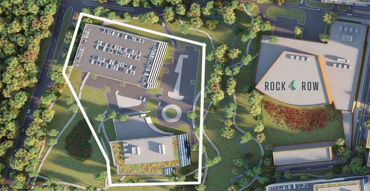 An aerial rendering that highlights the to-be-built medical campus at the Rock Row development.