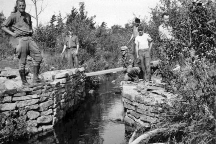 A Civilian Conservation Corps trail crew works at Sieur de Mont Spring in Acadia in 1933.