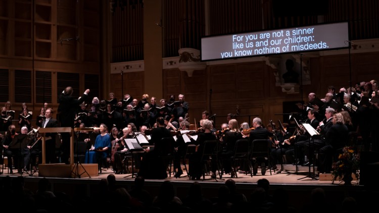 Eckart Preu conducts the Portland Symphony Orchestra, local choristers and guest soloists in a performance of "St. Matthew Passion" at Merrill Auditorium.