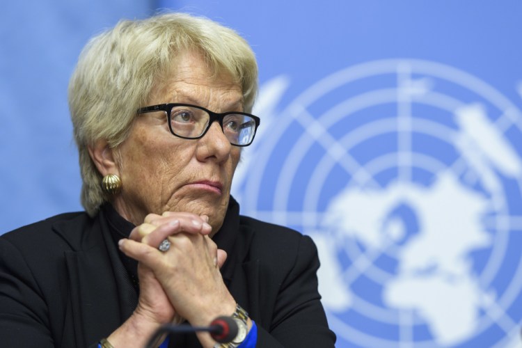 Carla del Ponte, then Member of the Independent Commission of Inquiry on the Syrian Arab Republic, attends a press conference, at the European headquarters of the United Nations in Geneva, Switzerland in 2017. 