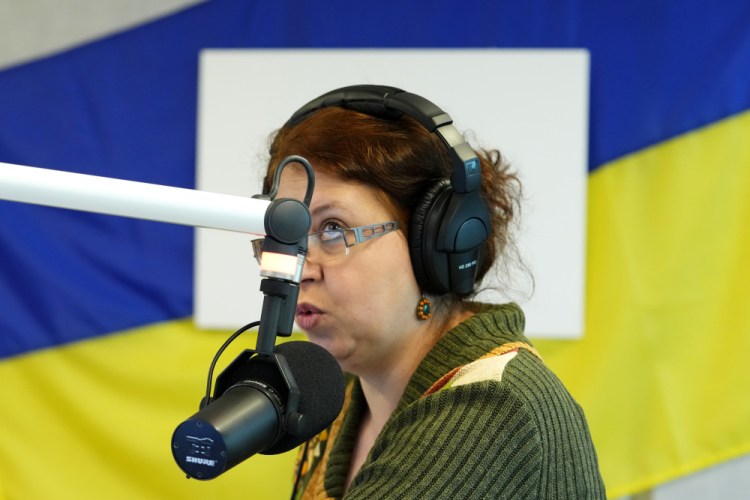 Natalia Churikova, editor-in-chief of Radio Ukraine, speaks at the studio in Prague, Czech Republic, on Thursday.