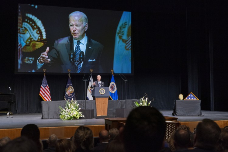 President Biden speaks at the memorial service for former Vice President Walter Mondale on Sunday at the University of Minnesota in Minneapolis. 