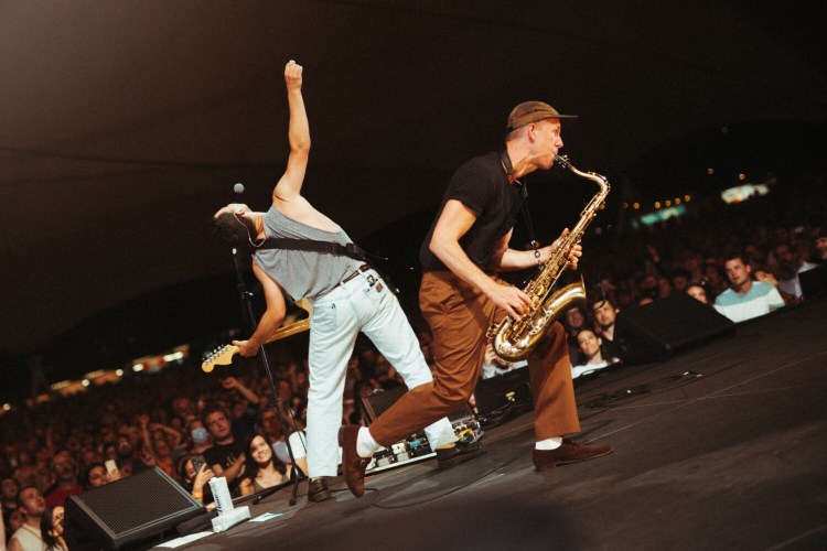 Evan Smith, on sax, performing in Boston with Bleachers in September of 2021. 