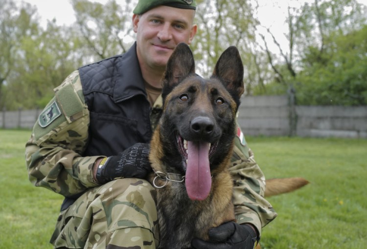 Sgt. 1st Class Balazs Nemeth poses with Logan, a 2-year-old Belgian shepherd, who is undergoing intensive training as an explosive detection dog for the Hungarian Defense Forces.
