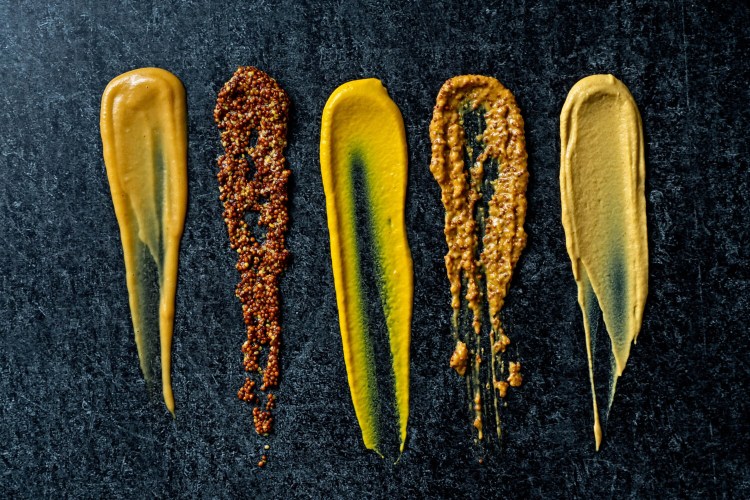 Mustards, left to right: honey, whole grain, yellow, deli and Dijon. 
