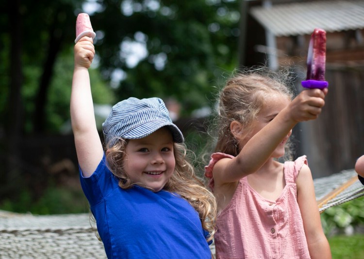 At a party, Sylvie Shubeck, 4, left, and Rosalie Donat, 6, vote by show of hands for their favorite homemade popsicles. 