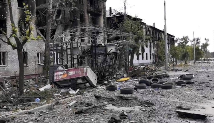 Damaged residential buildings are seen in Lysychansk, Luhansk region, Ukraine, early Sunday. 