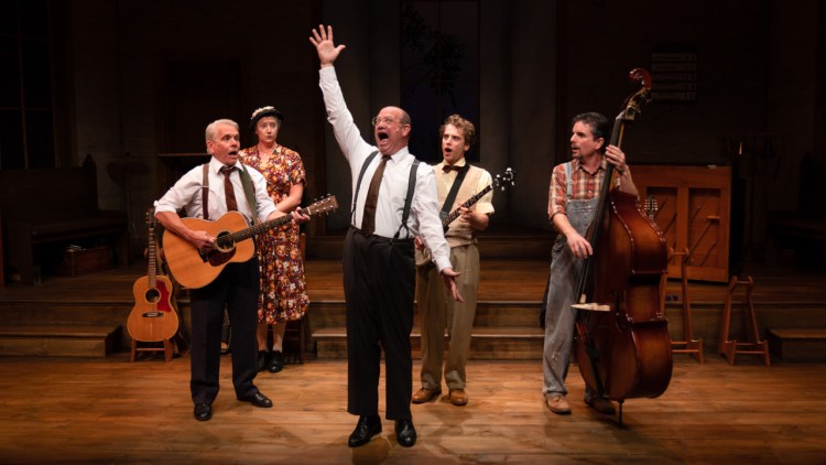 Cast members of Portland Stage and Maine State Music Theatre's "Smoke on the Mountain" play more than 30 instruments between them. Left to right: Larry Tobias* on guitar, April Lee Uzarski*, John Vessels, Jr.*, Daniel Emond* on banjo, and Andrew Crowe* on bass.
*Member, Actors’ Equity Association.