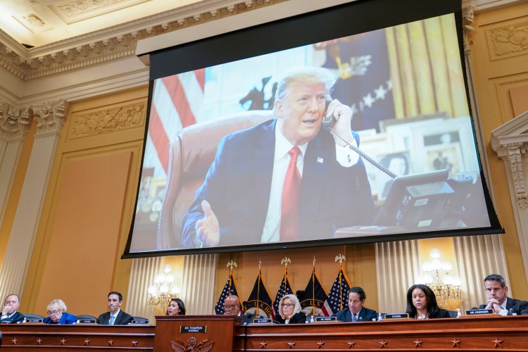 President Donald Trump is shown in a video as the House select committee holds a public hearing July 12 investigating the Jan. 6 attack on the U.S. Capitol in Washington.