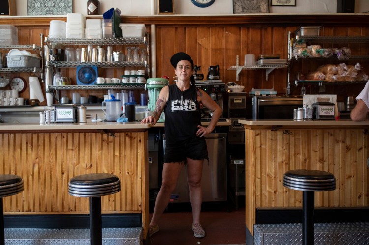 Mandy Lacourse at her restaurant, Marcy’s Diner, on Friday. Lacourse said her business is down about 30 percent from last summer and she believes it is a direct result of the road closure and construction on Free Street. Brianna Soukup/Staff Photographer