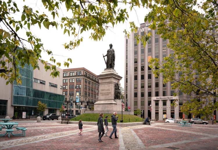 Monument Square sits in the heart of downtown Portland, a city where Democrats outnumber Republicans 5 to 1.