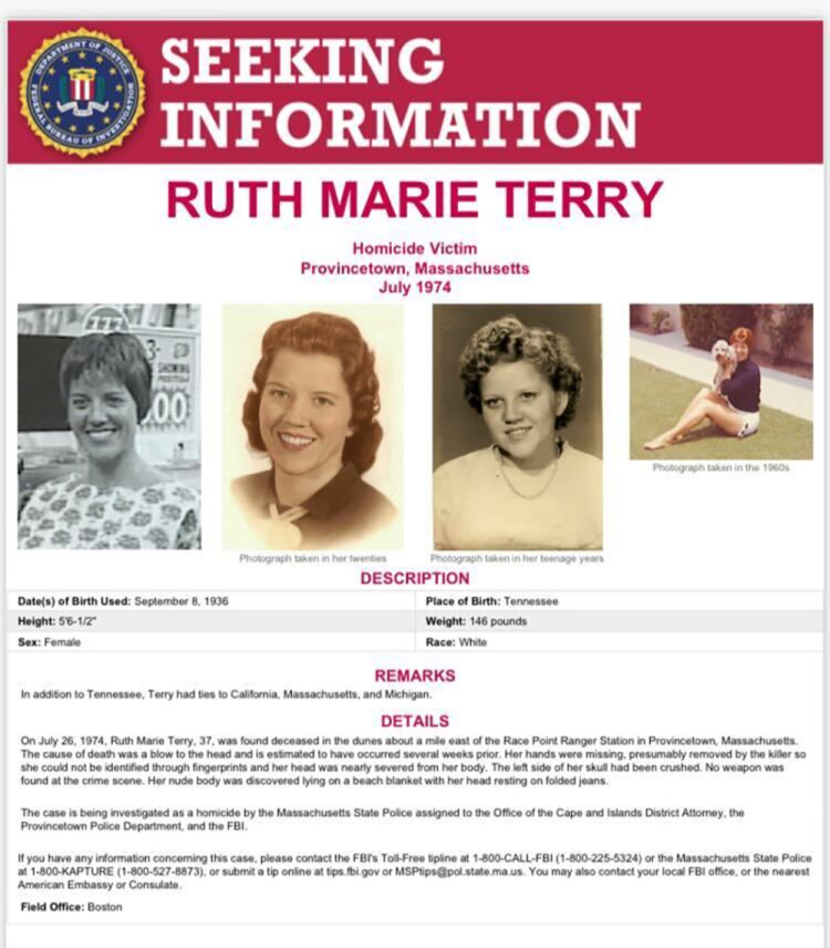 A poster seeking information for homicide victim Ruth Marie Terry. 