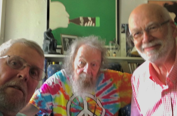 Mike Pride, left, Donald Hall, center and Wes McNair, right, at Hall's house in Wilmot, New Hampshire, friends and writers. 