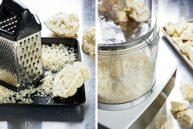 Making riced cauliflower is simple. All you need is a box grater, a food processor or even just a knife. 