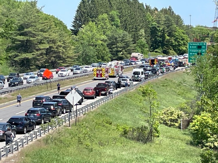 Traffic backs up on I-295 as rescue vehicles respond to an accident  Monday near mile marker 10 in Falmouth.