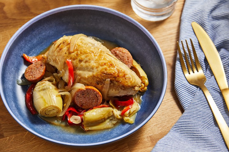 Braised Chicken with Artichokes, Peppers and Sausage