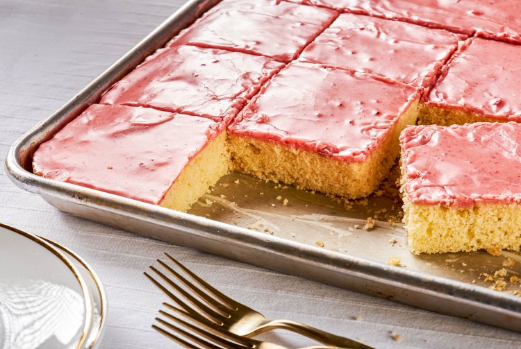 Vanilla Sheet Cake with Strawberry Glaze