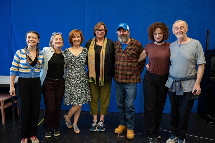 The cast and writer of "Saint Dad" pose for a picture after a table read. Left to right: Emily Upton, Jenny Woodward, Monica Wood, Moira Driscoll*, Liam Craig*, Pilar Witherspoon*, and Patrick O'Brien*. (*Member AEA)