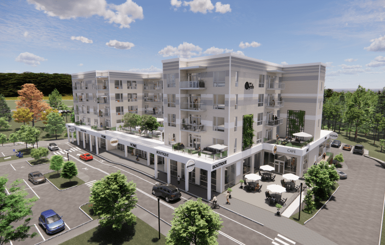An architectural rendering of The Wyeth, a 43-unit development under construction in Falmouth Town Center. Expected completion is Fall 2024.